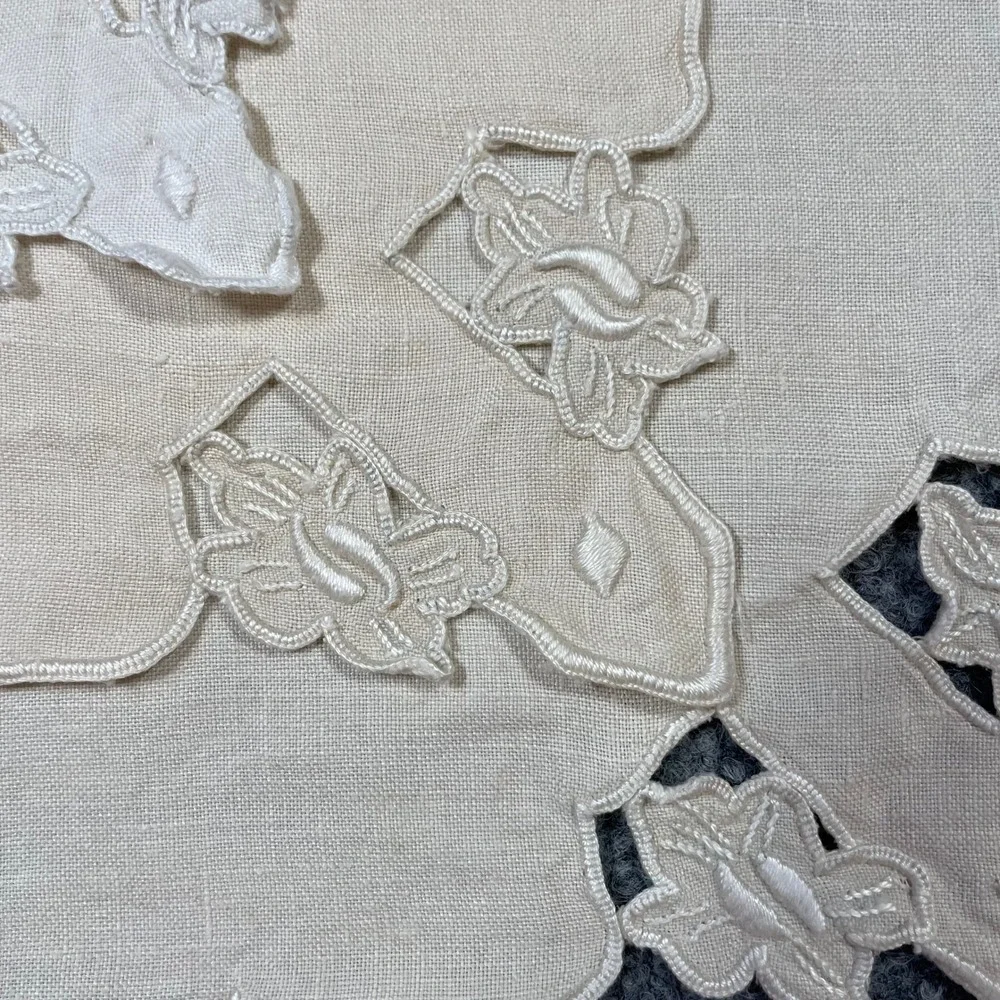 Vintage Linen Cocktail Napkins Set of 7 Beige Floral Cutwork Scalloped Edge